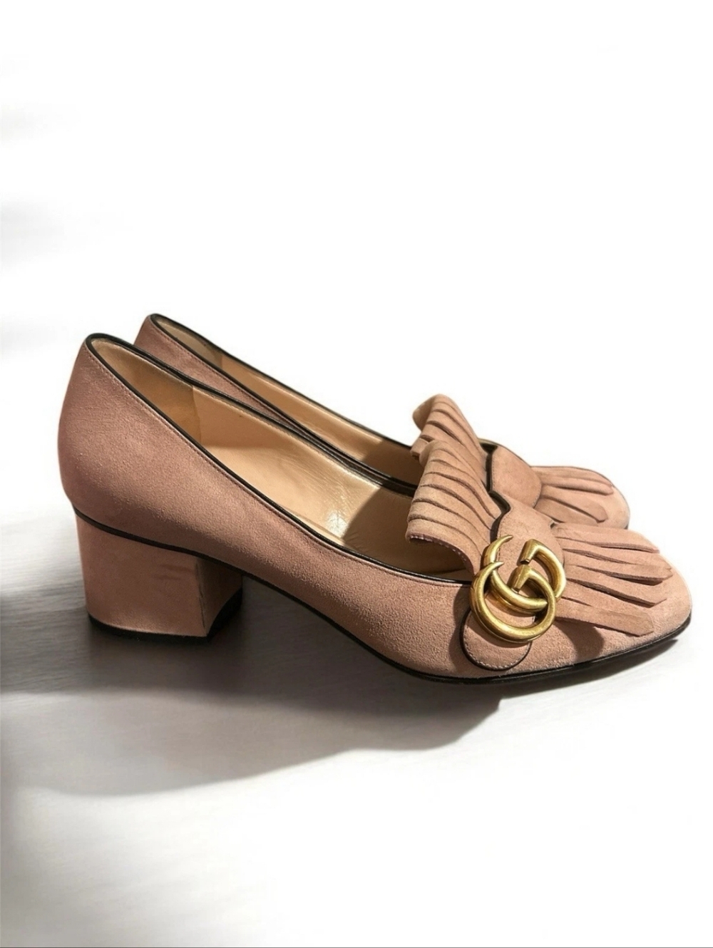 Gucci Pink Suede Fringe Block Heel Loafers with Gold Double-G - Picture 3 of 10